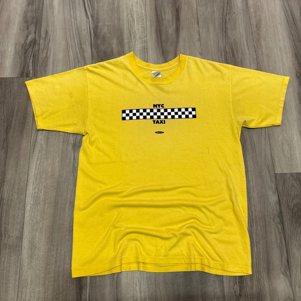 Gildan NYC Taxi Graphic T-Shirt Yellow Checkered New York City Souvenir Mens L